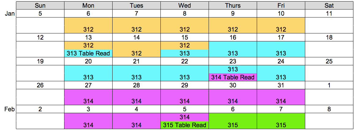 Filming Schedule 312-315
